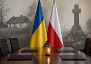 Україна відповіла Польщі на резолюцію про Волинську трагедію Прапори України та Польщі біля меморіального столу переговорів