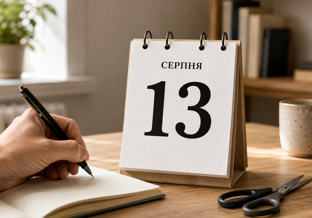 Календар із датою 13 серпня, ліва рука з ручкою та ножиці для шульг