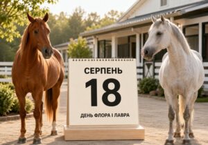 Календар із датою 18 серпня між двома кіньми біля сучасної світлої стайні