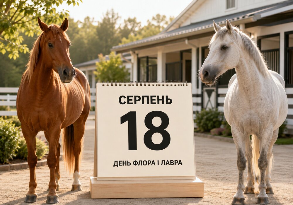 Календар із датою 18 серпня між двома кіньми біля сучасної світлої стайні