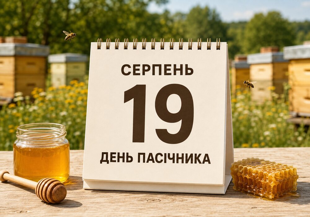 Календар із датою 19 серпня на пасіці поруч із медом, стільниками та бджолами