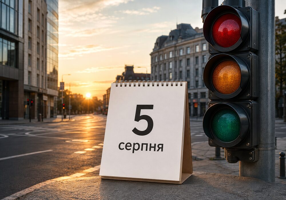 Календар на 5 серпня 2026 року та світлофор на міському перехресті