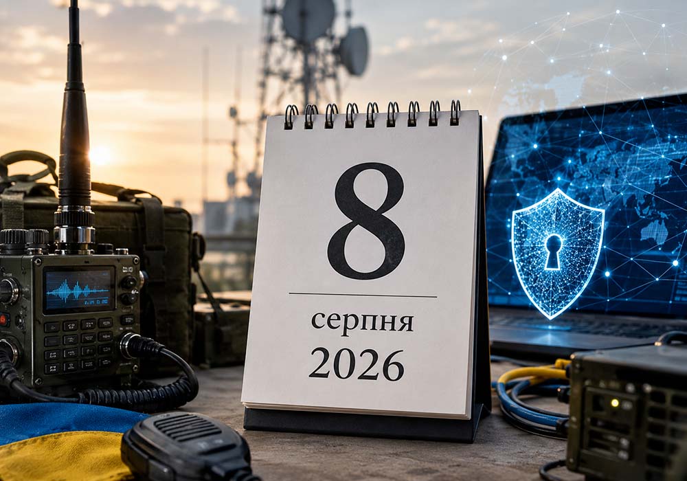 8 серпня 2026 року — календар на тлі військової радіостанції, засобів зв’язку та символів кібербезпеки ЗСУ