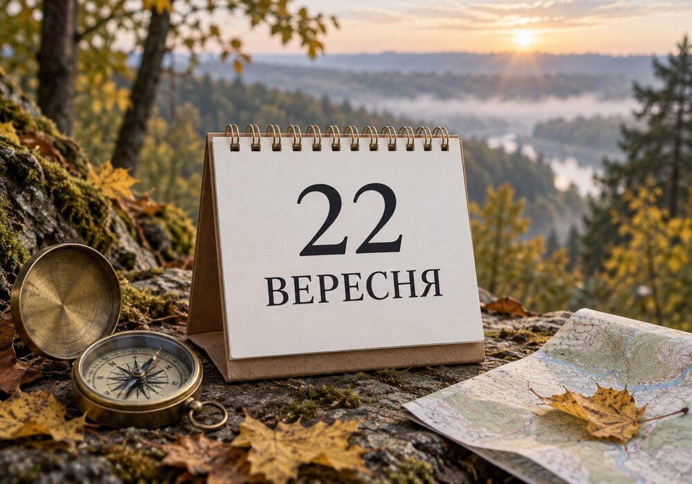 Календар із датою 22 вересня 2026 року поруч із компасом і мапою в осінньому лісі