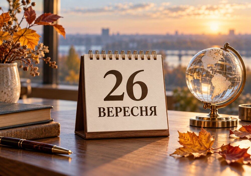Настільний календар із датою 26 вересня поруч із глобусом і паперовим голубом
