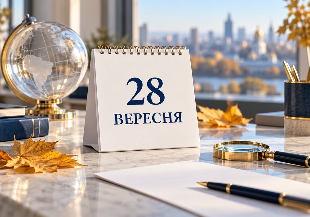 Настільний календар із датою 28 вересня поруч із глобусом і лупою