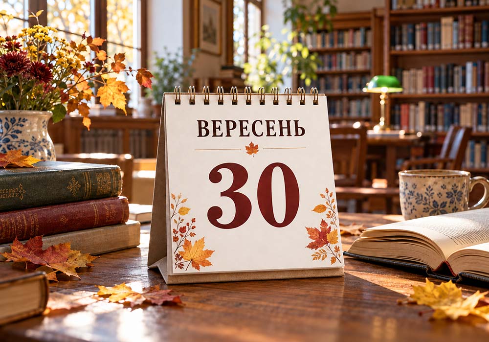 Календар на 30 вересня 2026 року в бібліотеці серед книжок