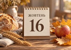 16 жовтня: які свята відзначають, кого вітати з іменинами та які традиції дня Настільний календар із датою 16 жовтня серед осіннього листя, хліба, колосся та яблук.