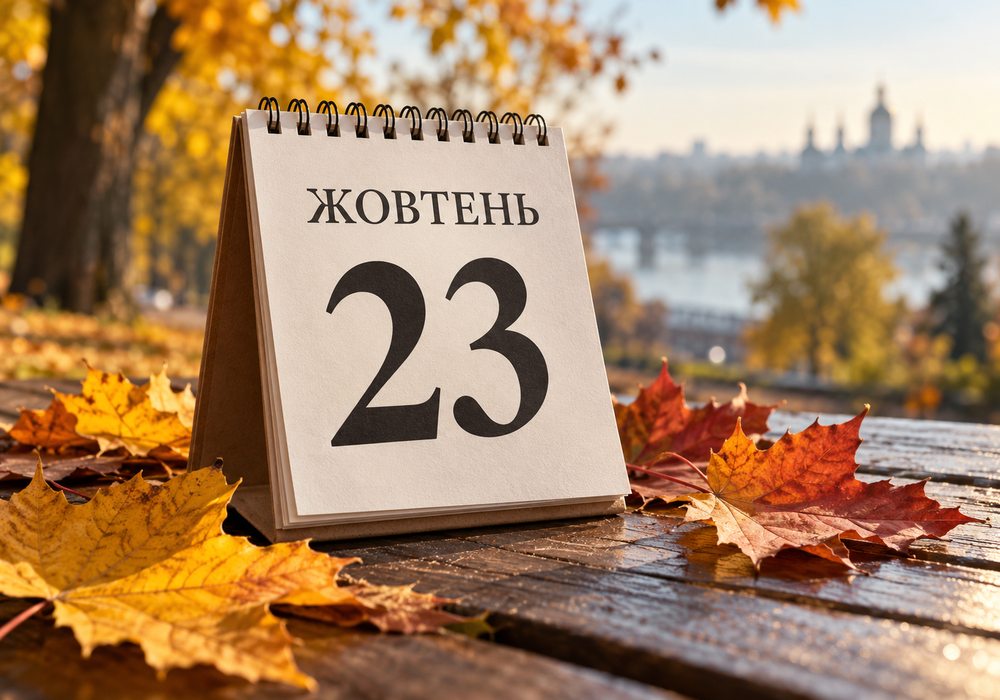 Календар із датою 23 жовтня 2026 року на осінньому тлі з жовтим листям