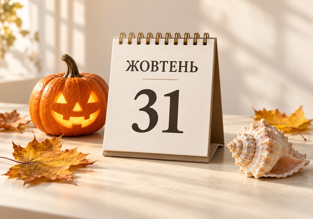 Свята 31 жовтня: календар «31 ЖОВТЕНЬ», гарбуз-ліхтар, осіннє листя та мушля.