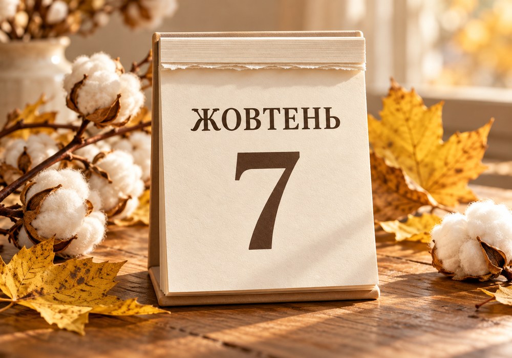 Осінній календар на 7 жовтня з гілочками бавовни та жовтим листям.