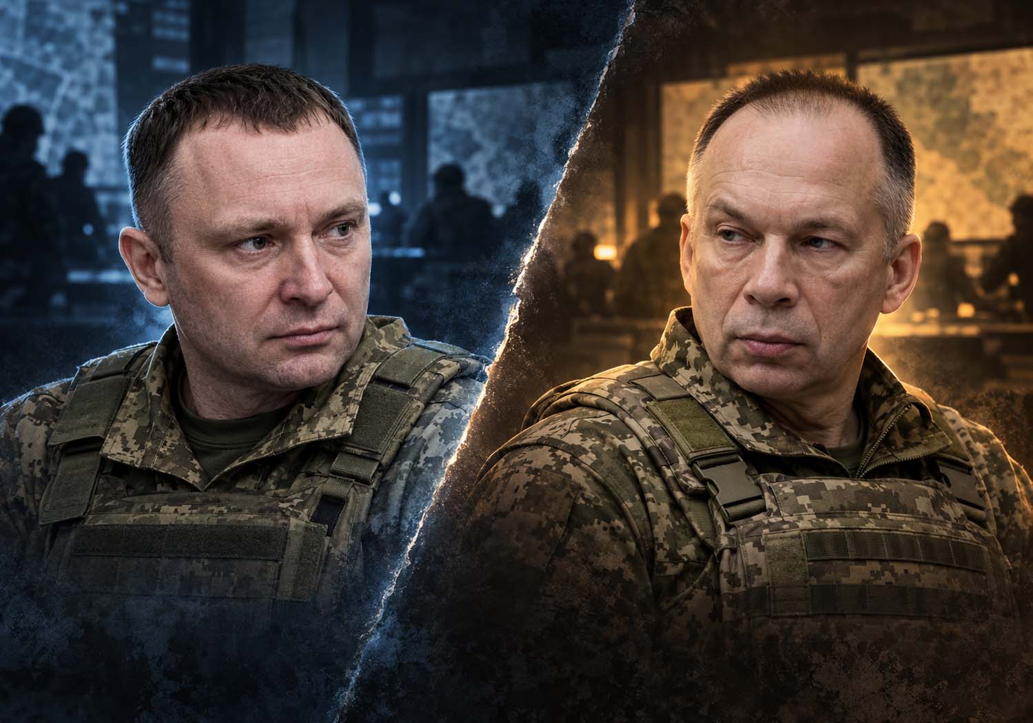 Редакційний колаж із портретами Михайла Драпатого й Олександра Сирського, що символізує протистояння їхніх командних рішень.