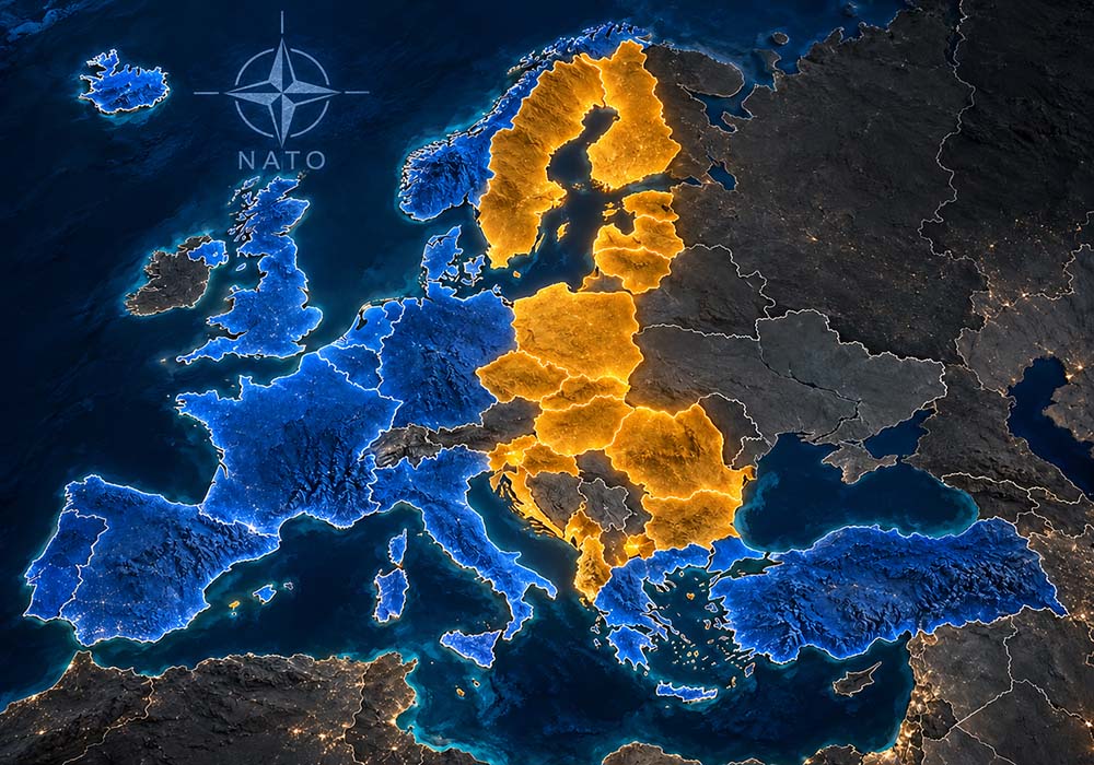 Художня карта Європи з напівпрозорою емблемою НАТО та золотистим підсвічуванням країн, які приєдналися до Альянсу після 1997 року.