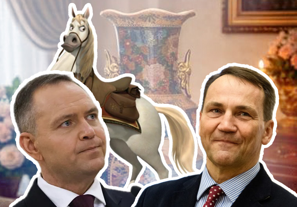 Колаж Кароль Навроцький і Радослав Сікорський кінь Максімус зі Шрек