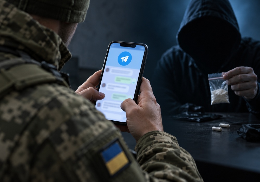 Військовий читає повідомлення в Telegram, поруч зображена темна постать із пакунком небезпечної речовини — ілюстрація.
