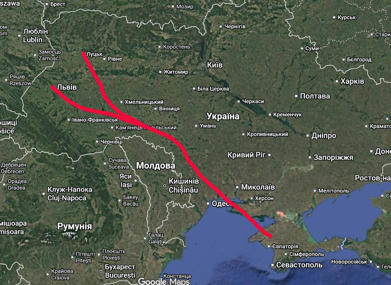 Карта маршруту реактивного безпілотника «Герань-4», який російські війська застосовують для атак на Україну.