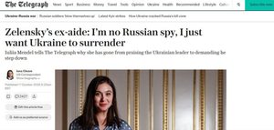 Мендель у The Telegraph запропонувала капітуляцію Україні, а згодом заявила про викривлення її слів Мендель у The Telegraph виступила за поступки росії та розкритикувала Зеленського.