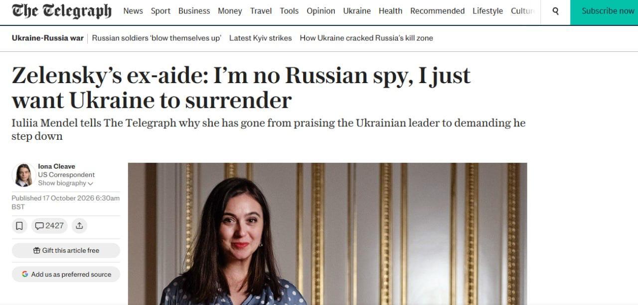 Мендель у The Telegraph виступила за поступки росії та розкритикувала Зеленського.