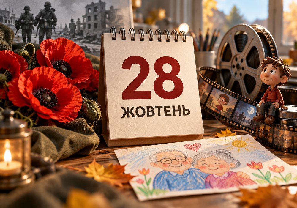 Свята 28 жовтня 2026 року — календар, червоні маки, кіноплівка та дитячий малюнок для бабусі й дідуся