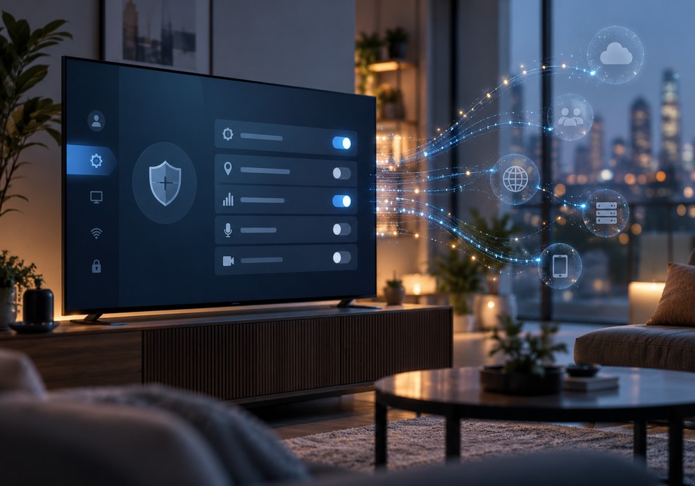 Розумний телевізор Smart TV у вітальні — дослідження передавання даних і налаштувань приватності